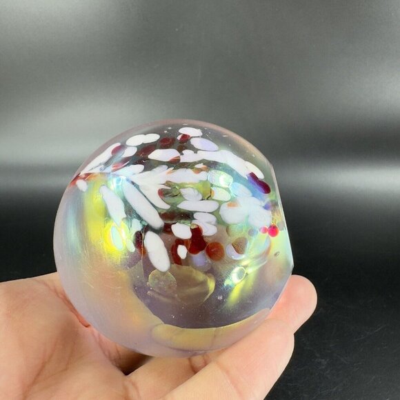 Hand Made Art Glass Paperweight Orb Polished Bottom Iridescent Glass Decor VTG - Picture 6 of 15